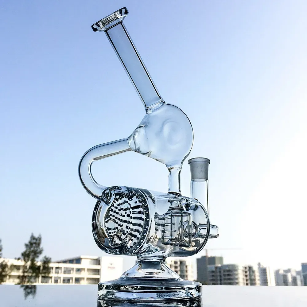 Clear Unique Glass Bong Hookahs Inline Percolator Oil Dab Rigs Recycler Bongs With Double Recyclers Chamber 14mm Joint Water Pipes