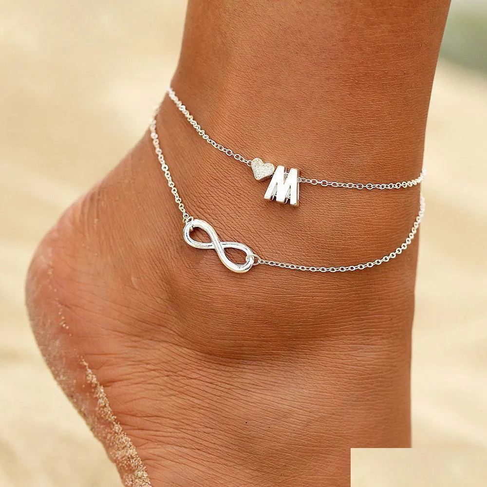 Anklets Początkowa kostka sercowa nieskończoność Sier Bransoletka kostki na nogi łańcuch 26 litera dla kobiet biżuteria na plażę dostawa ja dhceg