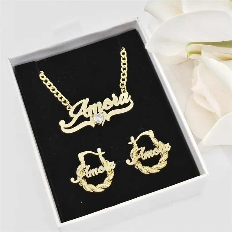 Collane con ciondolo Collana con nome personalizzato e orecchini Set Collana a cuore per bambino Piccoli cerchi intrecciati Orecchini per bambini Regalo di compleanno per ragazza Gioielli per bambini 231204