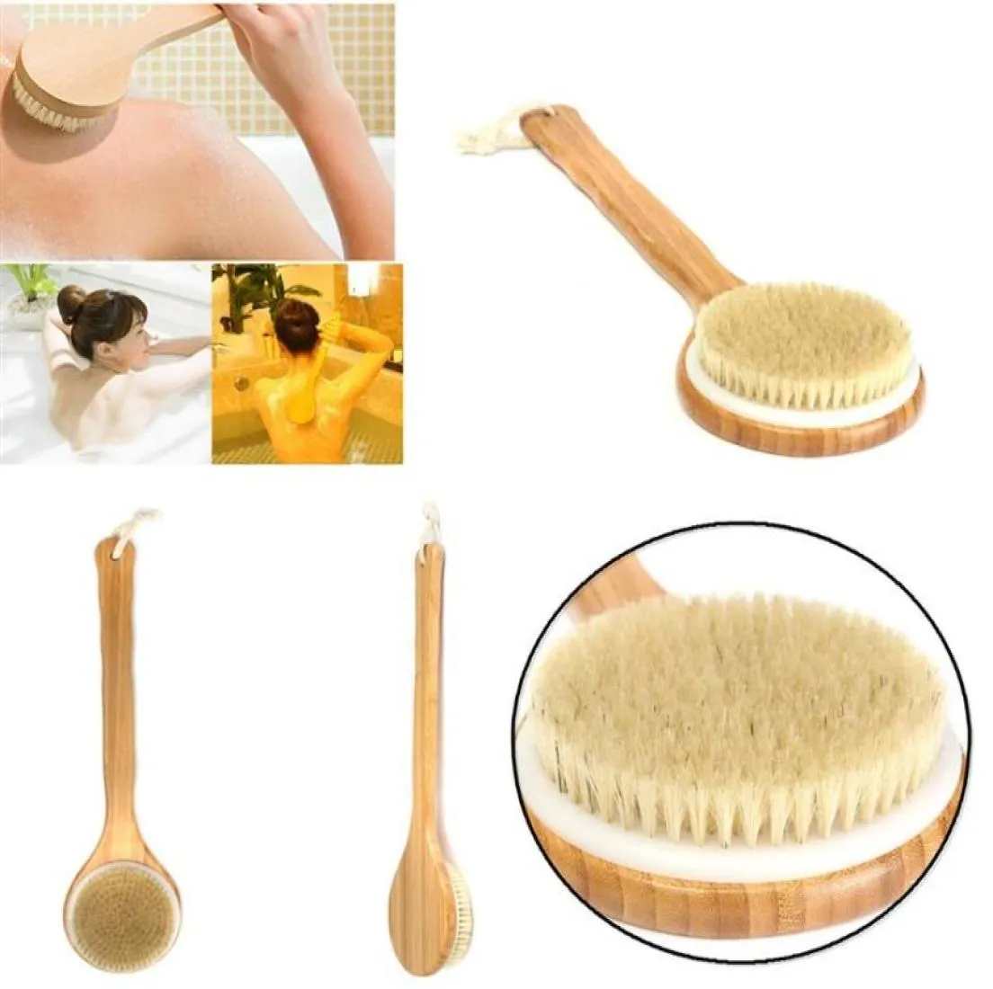 40cm Round Shape Bristle Long Handle Wooden Bath Shower Body Back Brush Spa Scrubber Soap Cleaner Exfoliating Bathroom Tools1311099