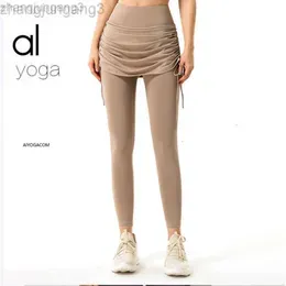 24SSS Desginer Aloo Yoga Autumn New Fake Two Piece Pants with Pleated High Waist and Hip Lifting Sports Skirt Pants Running Fitness Tights