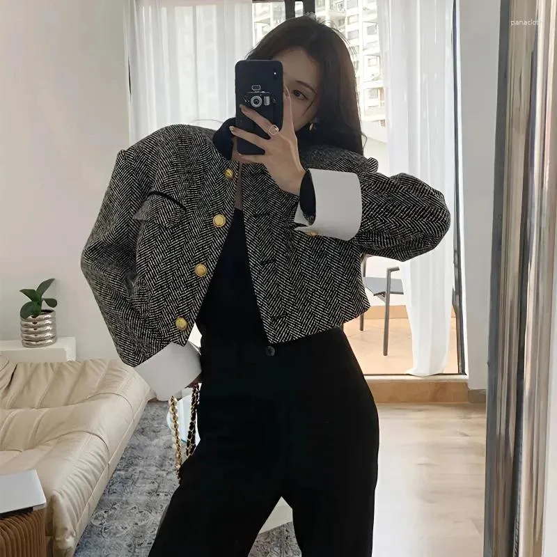 Vestes Femmes Vintage Tweed Veste Femmes Élégant Patchwork Recadrée Blazer Coréen Simple Boutonnage Court Manteau Bureau Dame Tout Match