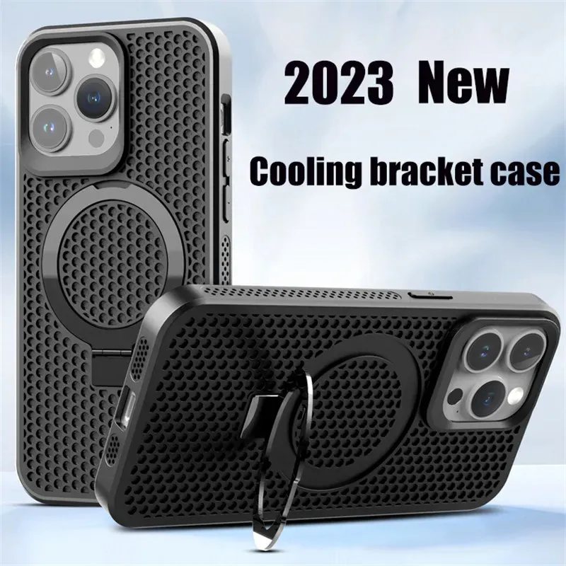 Upgrade Heat Dissipation Mesh Bracket Phone Case For iPhone 15 14 Pro 11 13 12 Pro Max Magnetic Wireless Charging Stand Cases Slim Hard PC Aluminum Alloy Cover