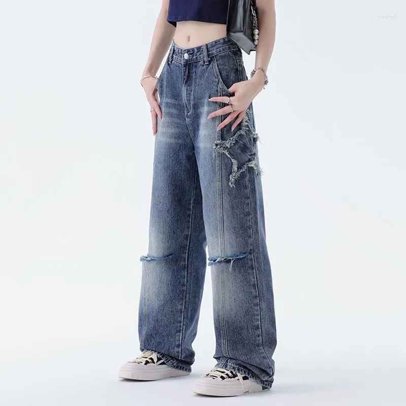 Jeans da donna American XINGX Panno apposto Ricamato Lavato Vita alta Pantaloni retrò dritti strappati Pantaloni alla moda con gamba larga