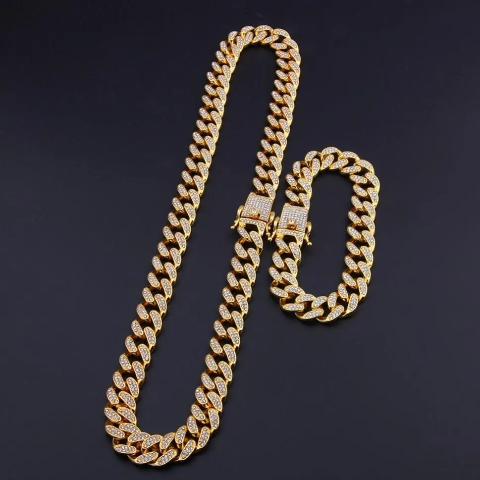 13mm Miami Cuban Link Chain Gold Silver Necklace Bracelet Set Iced Out Crystal Rhinestone Bling Hip hop for Men213k