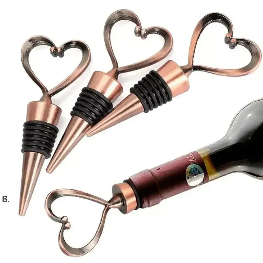 أدوات البار أدوات بار روز الذهب Sier الأنيقة قلب النبيذ الأحمر النبيذ النبيذ المعدني زجاجة سدادة عيد الحب لحفل الزفاف DRO DHSD7
