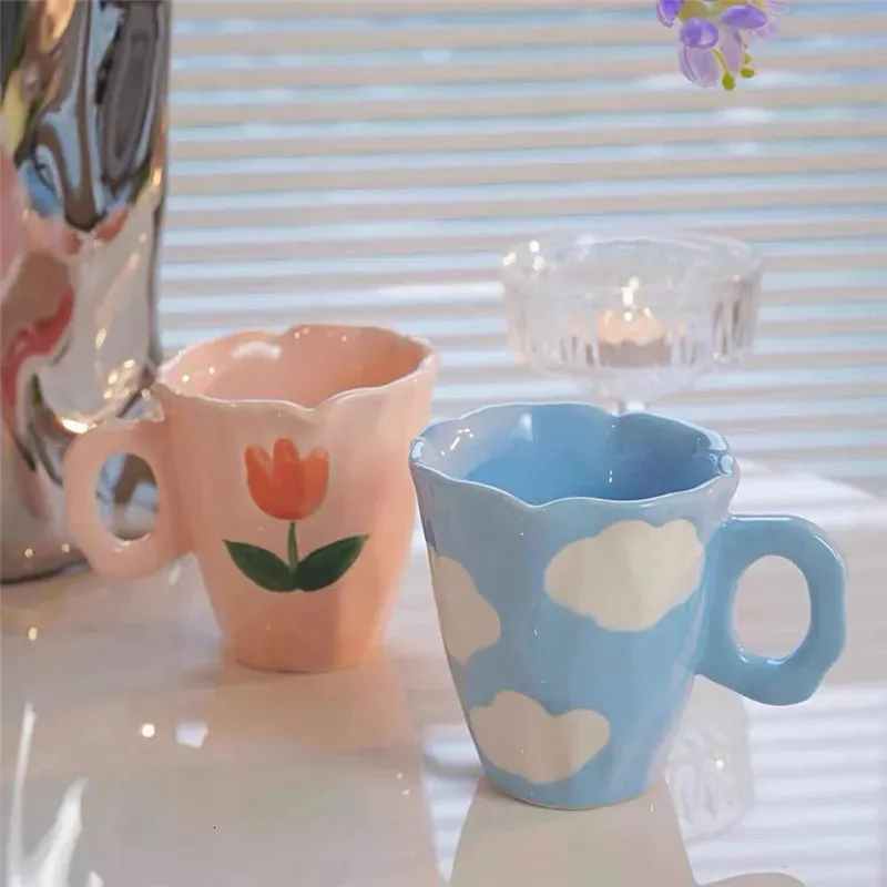 Garrafas de água pintadas à mão flor xícara de chá cerâmica caneca home office drinkware café leite suco garrafa presente criativo para ela 231205