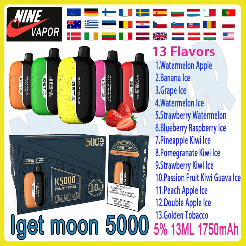 Auténtico cigarrillo electrónico desechable Iget Moon 5000 Puffs, 20 sabores en stock, batería de 1750 mAh, pluma de cigarrillo electrónico 100% genuina de 13 ml