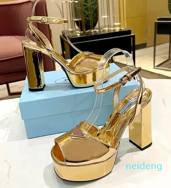 Chaussures dorées à plateforme, sandales d'été à talons grossiers pour femmes, chaussures de luxe de styliste en cuir véritable, pour Banquet, Club, bal de promo