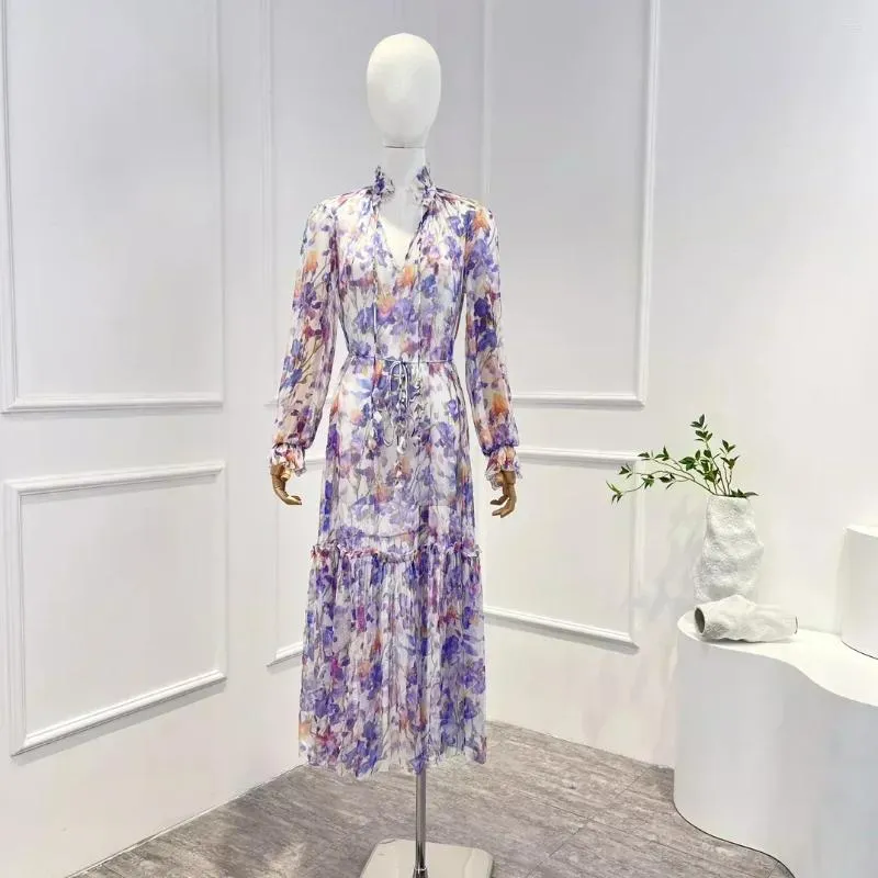 Robes décontractées 2023 Top qualité printemps été violet imprimé floral volants volants demi-col ouvert midi robe ample femmes