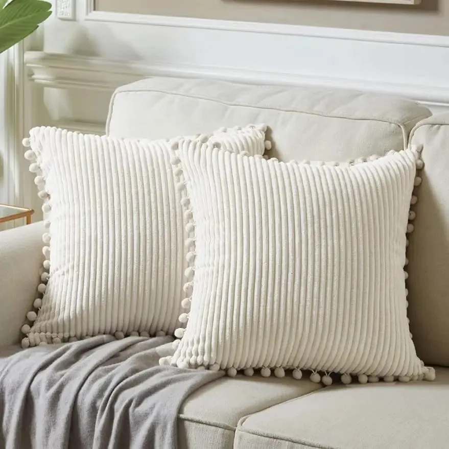 Yastık/dekoratif yastık kadife çizgili yastık kapağı pom katı boho atma yastık kılıfı kanepe için dekoratif yastıklar bej lomber yastık 231204