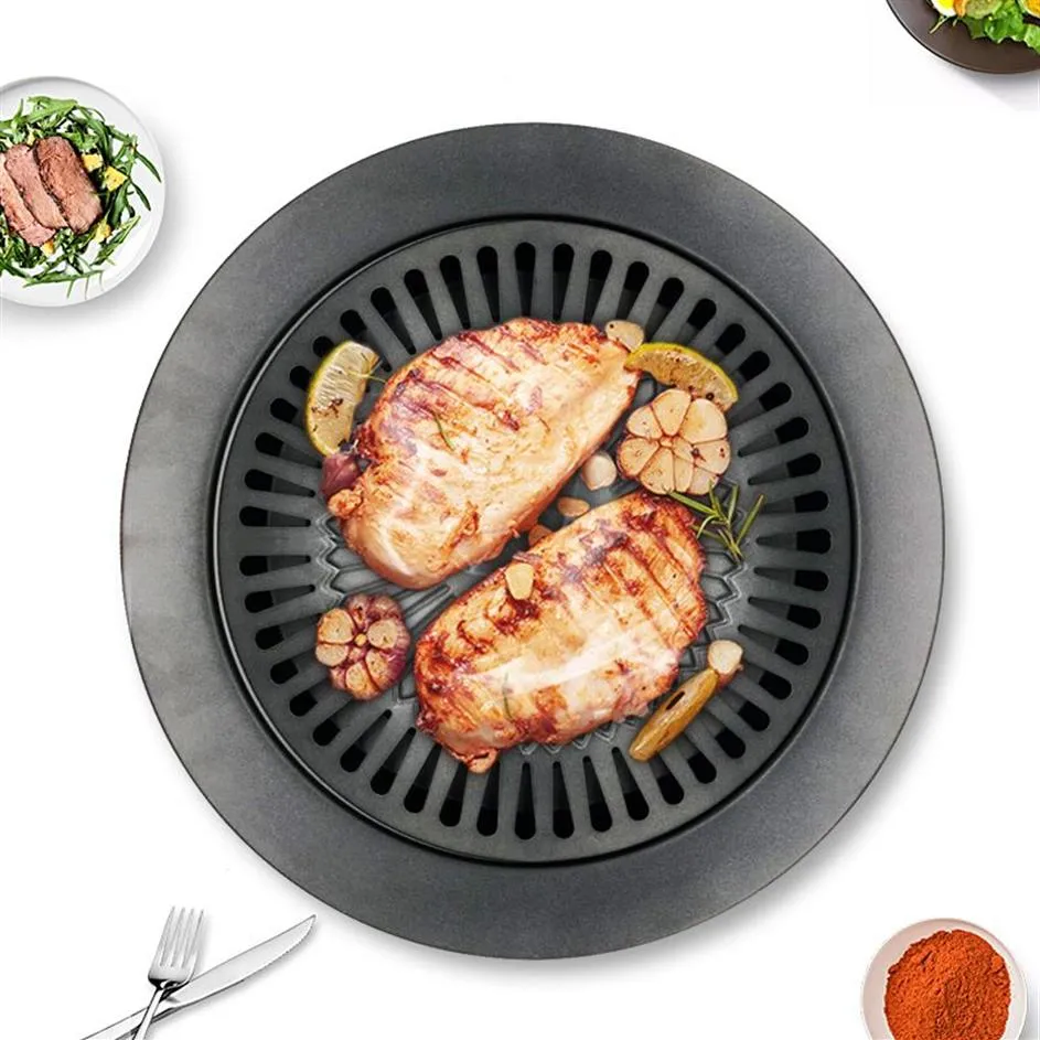 Korean Outdoor Barbecue Grill Non-Stick BBQ Grills Round Pan Grills Easily Cleaned Carbon Steel Barbecue BBQ Accessories Tools T20292J