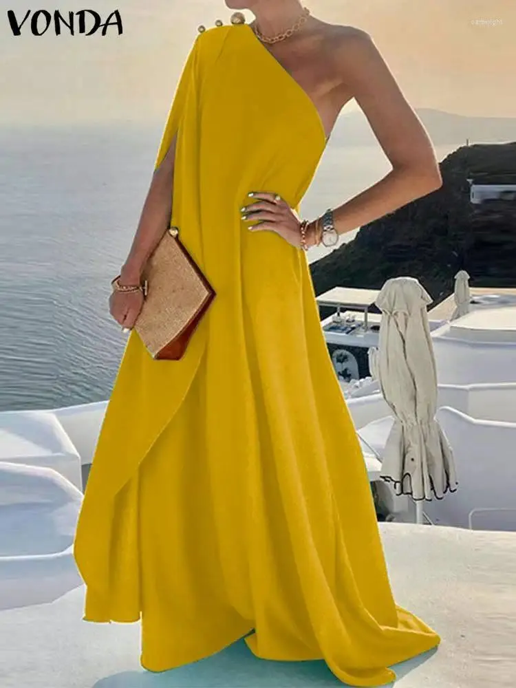 Casual Kleider 2023 Vonda Sommer Frauen Lange Kleid Sexy Eine Schulter Böhmischen Abend Party Maxi Sommerkleid Einfarbig Strand Vestidos robe