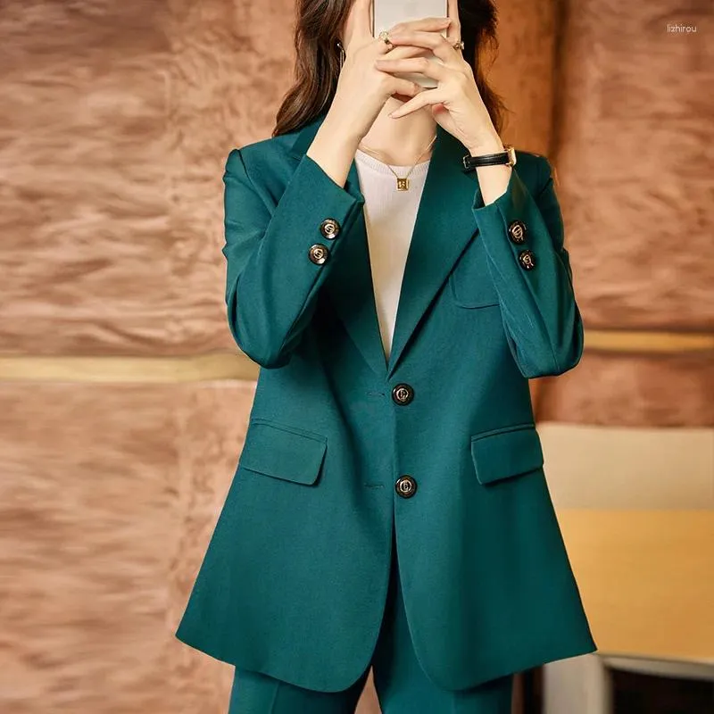 女子2ピースパンツ2024韓国秋のフォーマルレディースグリーンブレザー女性ビジネススーツセットワークウェアオフィスユニフォームウィンターカジュアル