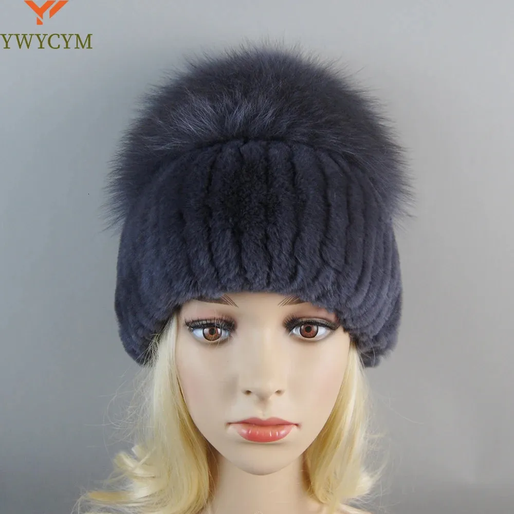 Beanie/Skull Caps Ryssland Lady Winter Real Fur Hat Warme Sticked äkta Rex Rabbit pälshatt Top Natural Fox Päls Bomber Caps Rex Rabbit Päls Cap 231204