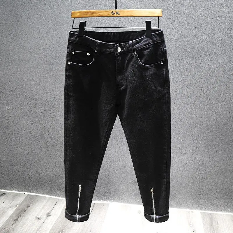 Jeans da uomo Coreano Moda Cerniera Nera Per Pantaloni in denim Hip-Hop High Street elasticizzati slim divisi personalizzati Maschile