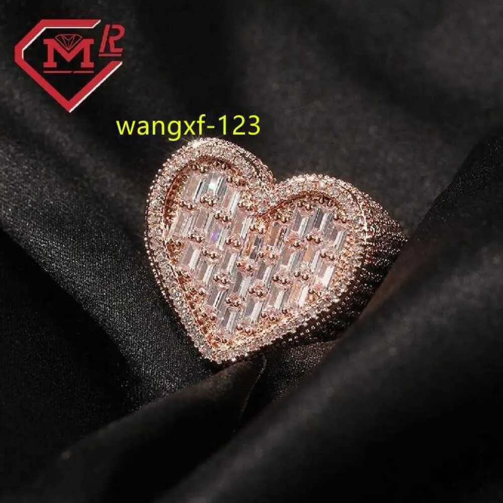 Full Iced Chunky Heart Shaped Moissanite Ring 925 Silver Icy Baguette Moissanite Diamond Hip Hop Ring For Women Designer Jewelry