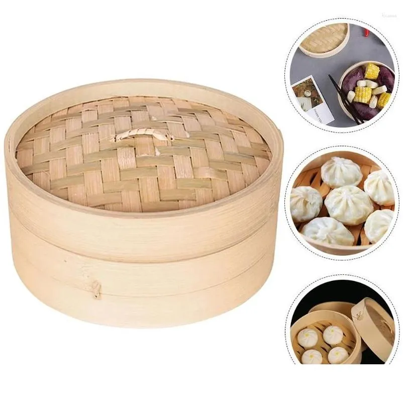 Double Boilers 1 Set Of Bamboo Food Steamer Ered Dumpling Basket Reusable Drop Delivery Home Garden Kitchen Dining Bar Cookware Dhjy7