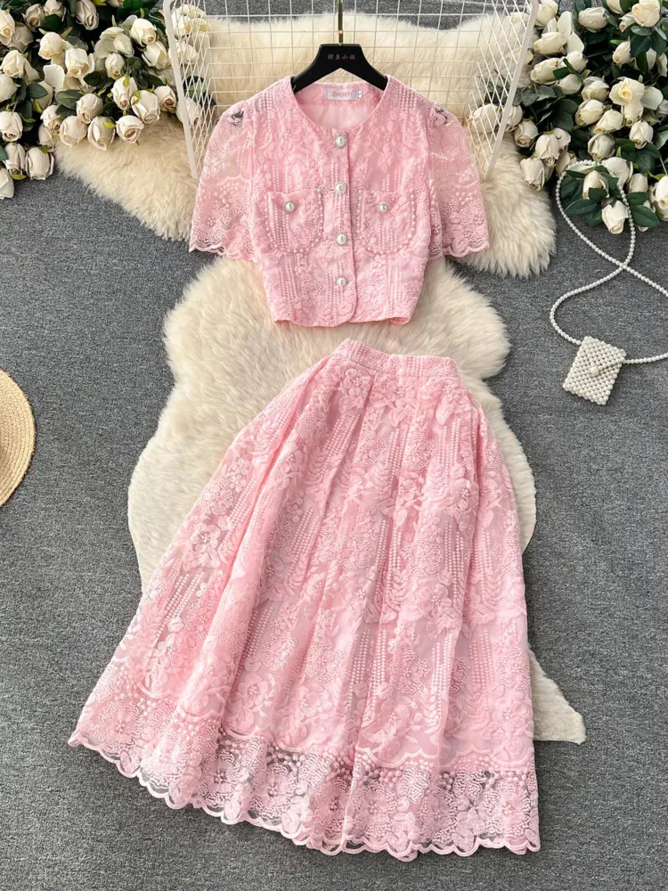 Zweiteiliges Kleid, Sommer, koreanischer kleiner Duft, Spitzen-Set, zweiteiliger Anzug, Spitze, Haken, Blume, kurzärmeliges Hemd, Tops, Midi-Rock, Damen-Outfits 231205