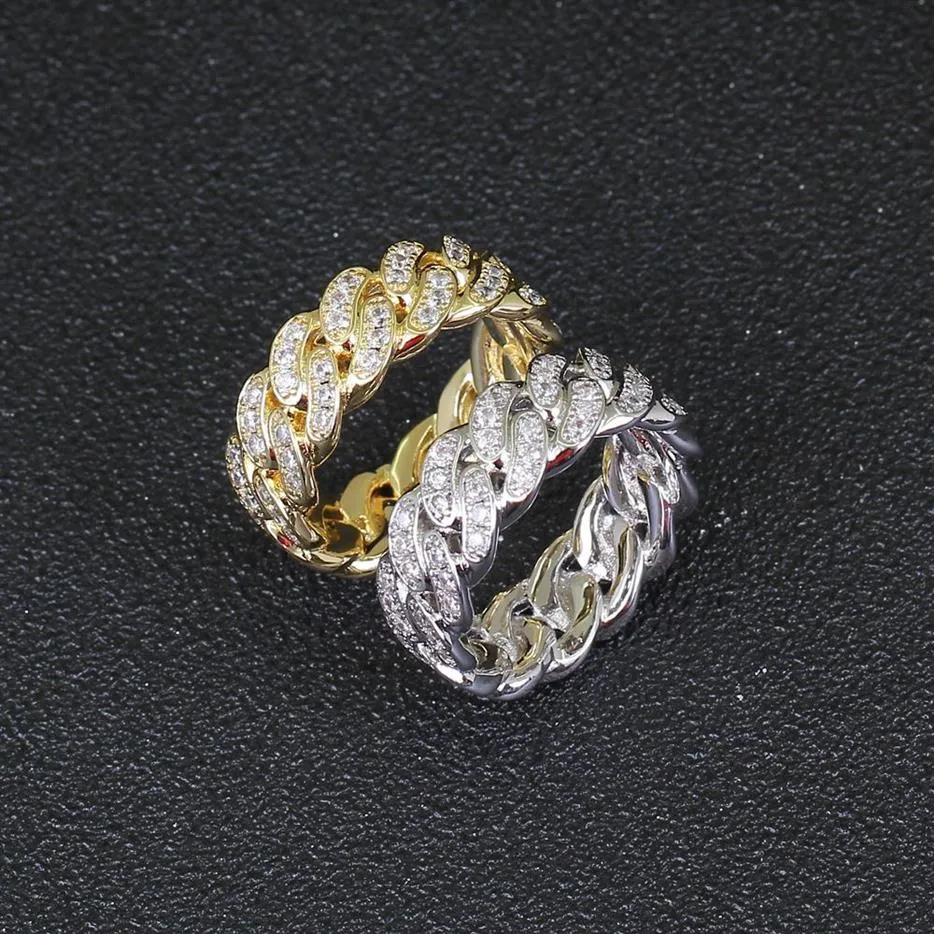 Anillo de Hip Hop helado de 8mm para hombres y mujeres, anillo de circón dorado y plateado, anillo con forma de cadena cubana, tamaño 6-11, 200C