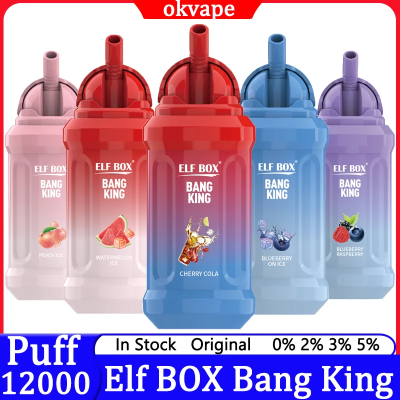 Originele ELF BOX Bang King 12000 Rookwolken Wegwerp Vape E-sigaretten Bladerdeeg 12k 0% 2% 3% 5% 23ml Voorgevulde Pod 600mAh Oplaadbare Batterij Type-C 0.8ohm Mesh Coil Pen
