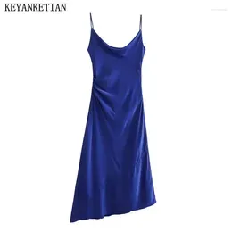 Casual Dresses KEYANKETIAN Silk Satin Texture Royal Blue Pleated Slim Slip Dress Summer Asymmetrical High Waist Sleeveless Women MIDI Skirt