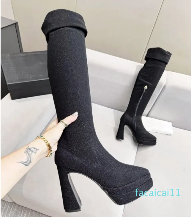 Bottes à talons super hauts et épais pour femmes, imperméables, plateforme au dessus du genou, fines, nouvelle collection