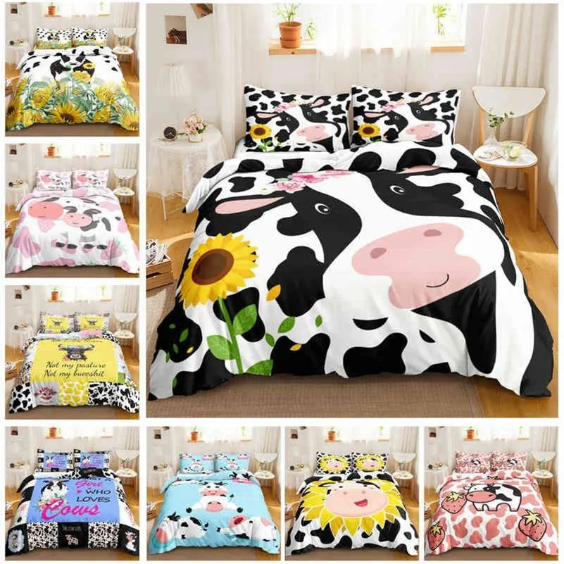 Copripiumino con stampa mucca carina Queen Size Set biancheria da letto Kawaii Highland King Comforter Cartoon Farm Animals289y