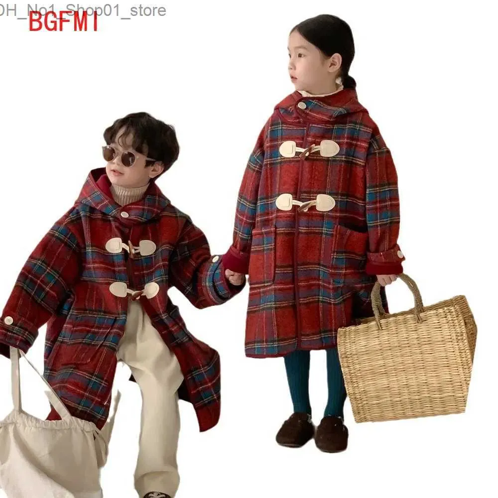 Down Coat Brother and Sister Children's Coat 2023 Winter Boys Girls Korean Grid One Piece Plush Kid Coat Thickened Hooded Mid Length Top Q231205