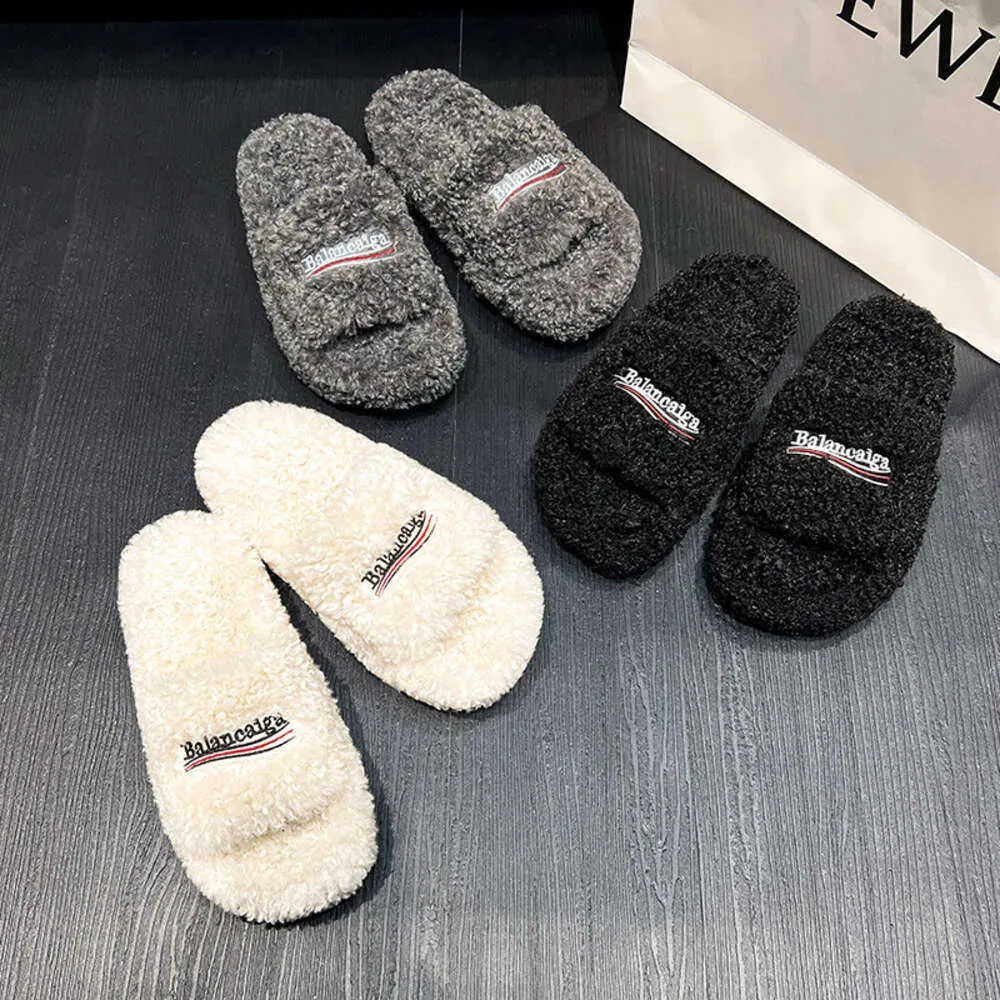 Designer shoes balencaga Furry Platform Sandal plush slippers embroidery B word couple plush slippers Furry Slide suede slippers 3LUGL