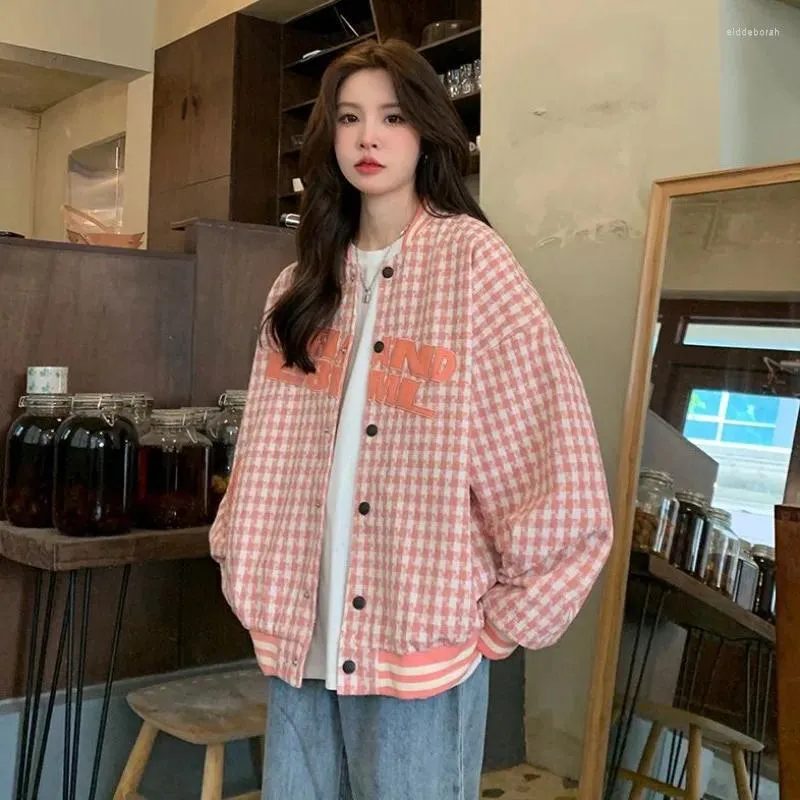 Vestes Femmes Rose Oversize Plaid High Street Bomber Femmes À Manches Longues Manteaux Y2k Preppy Style Vintage Survêtement Couples