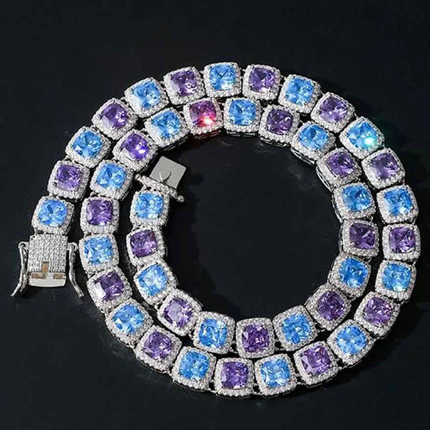 14K الذهب الأبيض مطلي 10 مم مربع قطع الأزرق الأرجواني روبي الماس التنس قلادة تنس CZ الأحجار الكريمة الهيب هوب المجوهرات 226n