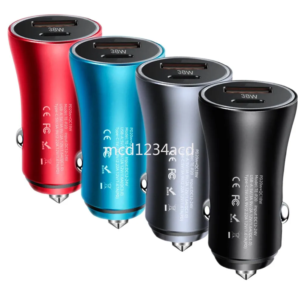 سبيكة الألومنيوم 38W PD20W USB C PD CAR Charger FAST سريع شحن محول طاقة iPhone 11 12 13 14 15 Pro Samsung Xiaomi Huawei Android M1