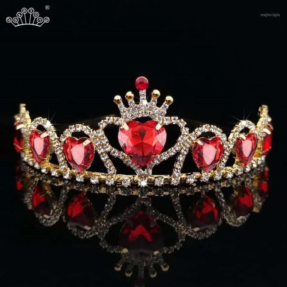 Hårklämmor Barrettes Barock guldfärg Tiaras Red Heart Queen Princess Crowns Crystal pannband Kid Girls Wedding Accessiories J263A