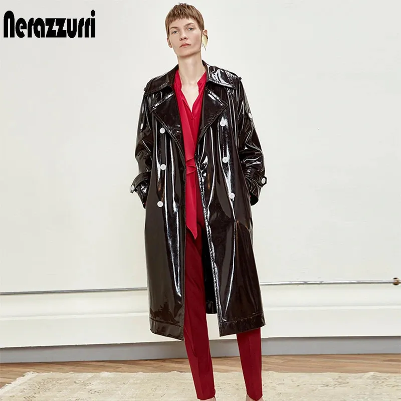 Women's Jackets Nerazzurri Long waterproof black patent leather trench coat for women double breasted iridescent oversized leather coat 7xl 231204