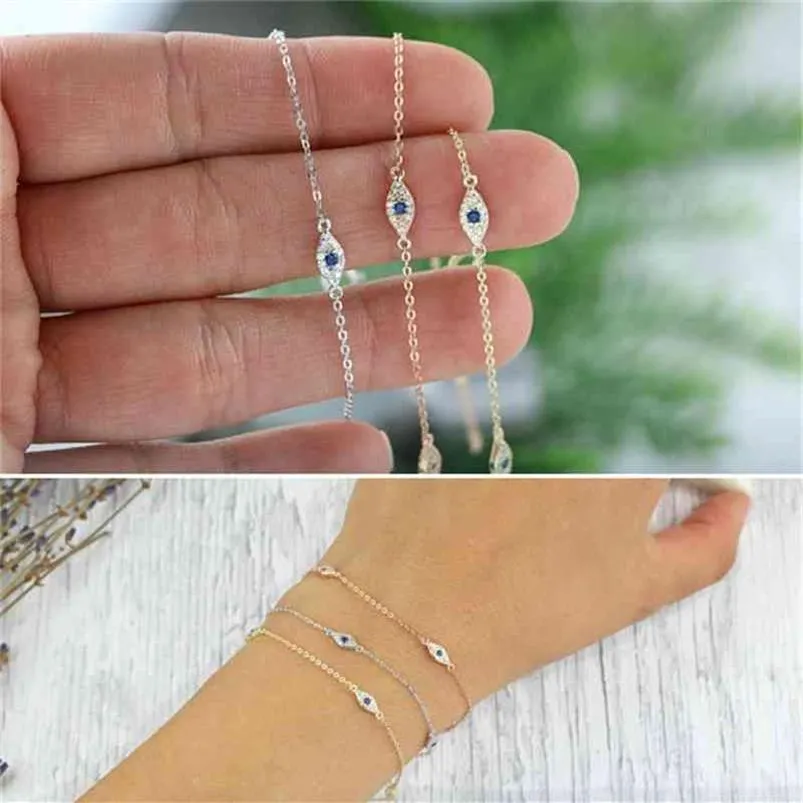 100% 925 sterling silver cute lovely blue white cz evil eye link minimal delicate thin chain women girl adorable bracelet255t