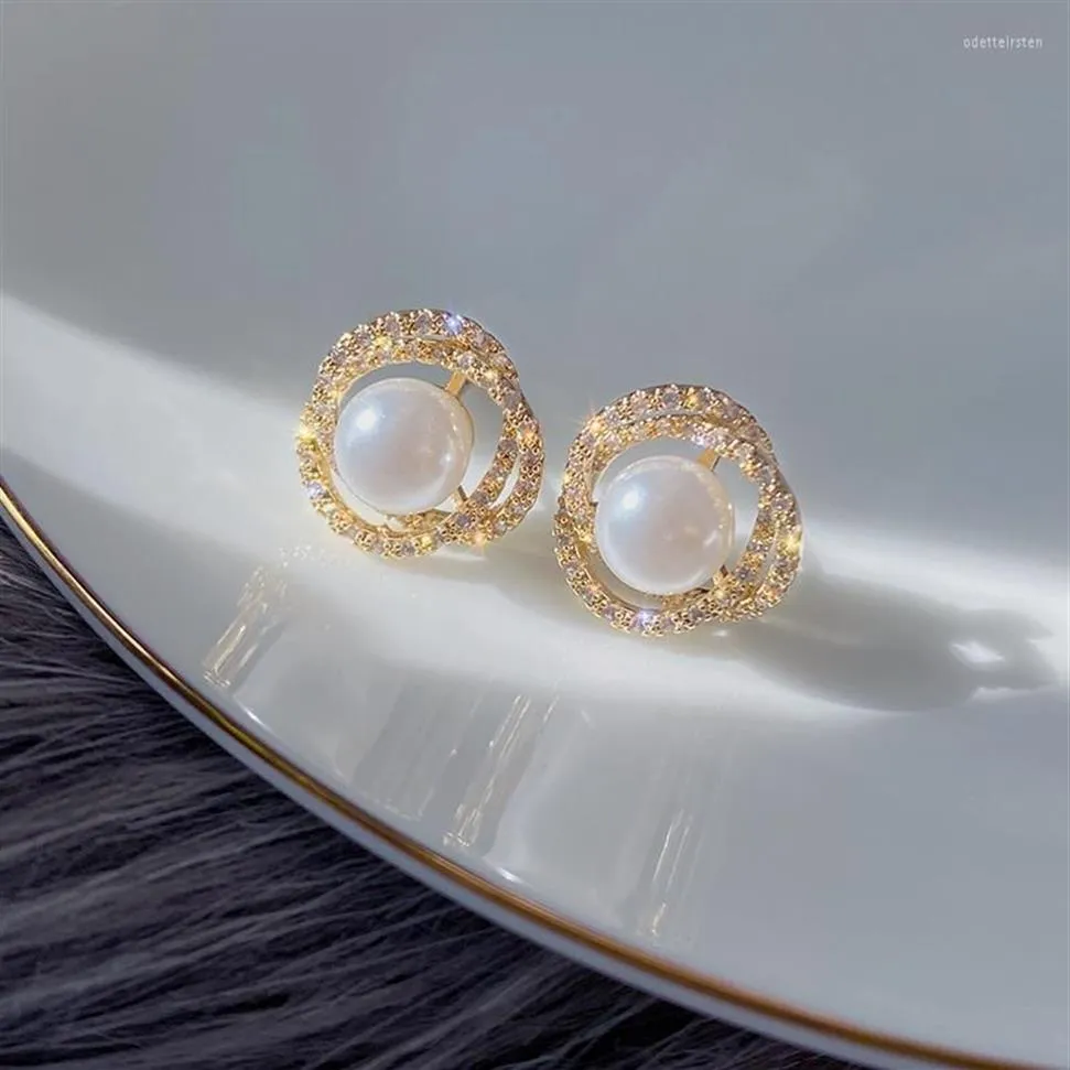 Stud Design coreano Gioielli di moda Squisito zircone ed fiore Orecchini in oro 14K Orecchini eleganti per donna con perle Orecchini per feste di balloStud S220x