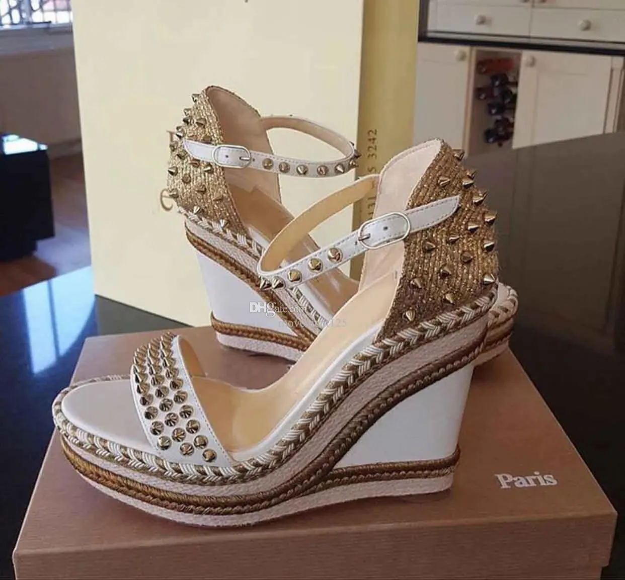 Komfortowe sandały sandały buty czerwone design wysokie obcasy szaleńskie inspirowane Espadrille splecione linowane linowe klinowe kostki Pasek Kolce stóp palec imprezowy Perfect Walk