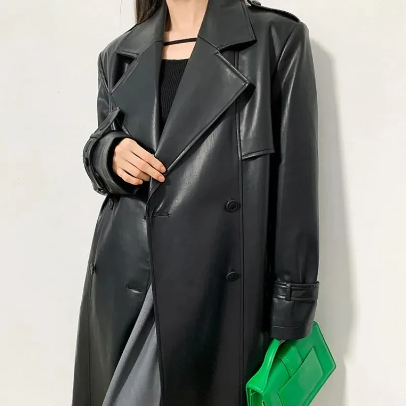 Womens Spring Trench Coat Long Sleeve PU Leather Overcoat