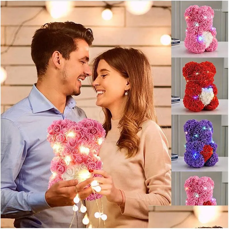 Decorative Flowers & Wreaths Decorative Flowers Teddy Rose Bear 25Cm Artificial With Light Box Girlfriend Anniversary Christmas Valent Dhfjw