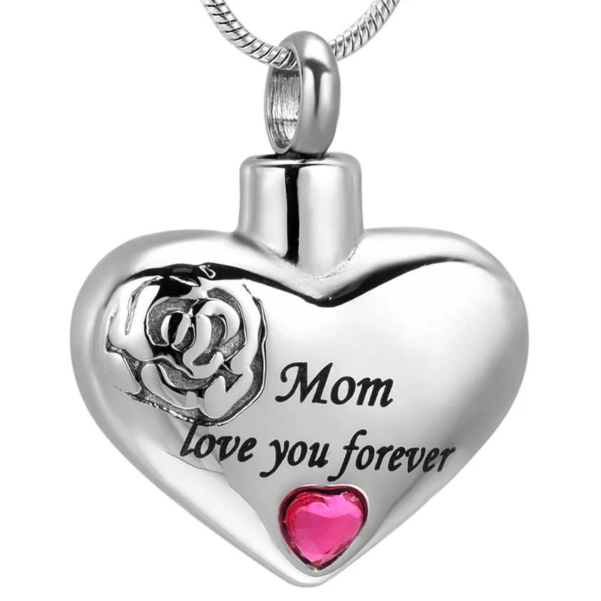 IJD10034 Mamma älskar dig Forever Heart Cremation Necklace Red Stone Inlay Funeral Urn Ashes Holder Human Cremation Casket For Loved O281H
