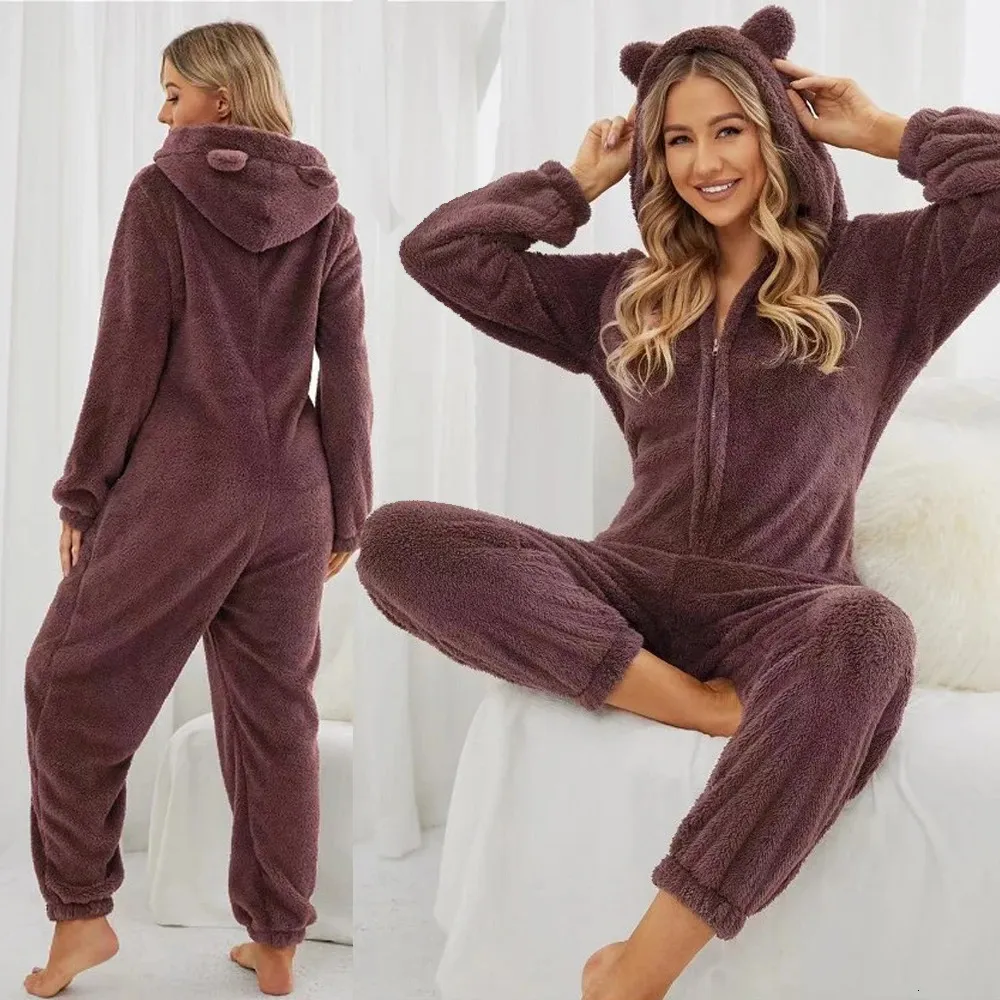 Vêtements de nuit pour femmes S-5XL hiver chaud pyjamas à capuche femmes moelleux corail polaire onesies combinaisons épaissir polaire vêtements de nuit ensemble capuche pyjamas 231205