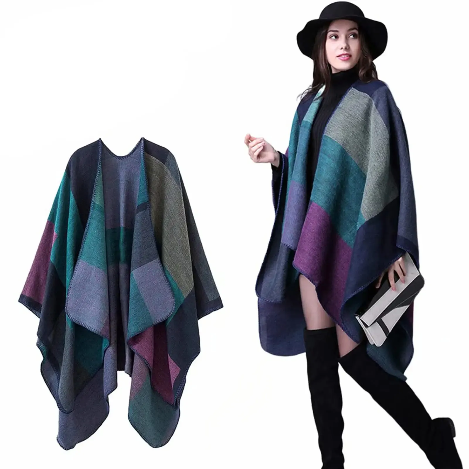 Scarves Thicken Winter Shawl Wraps Cape Women Fall Ponchos Plus Size Block Plaid Open Front Sweater Fleece Scarf Coat Holiday Outfits 231205