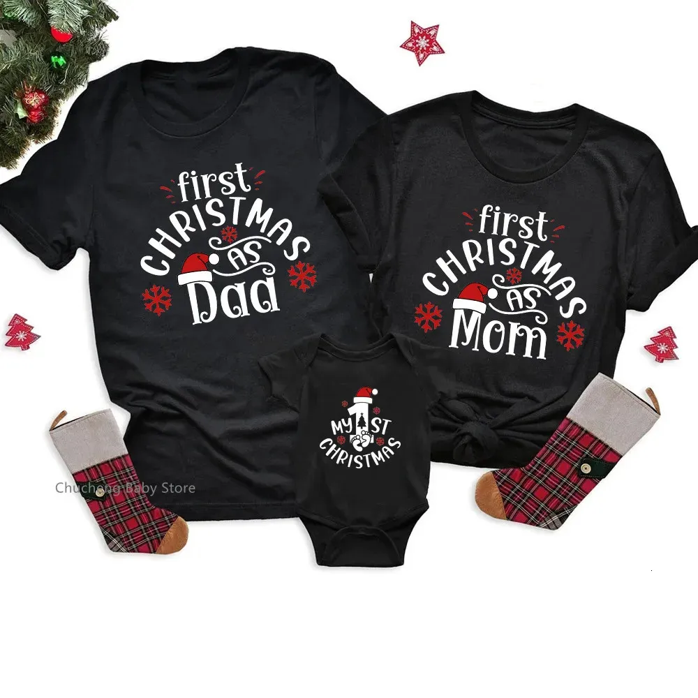 Familjsmatchande kläder Första julskjortor roliga som pappa mamma baby 1: a Xmas Look Holiday Tshirts 231204