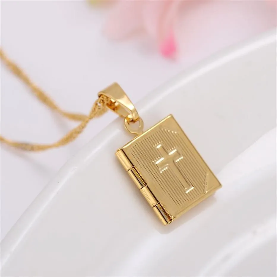 Bible 18k Yellow Gold GF Box Open Pendant Necklace Chains Crosses Jewelry Christianity Catholicism Crucifix Religious2895