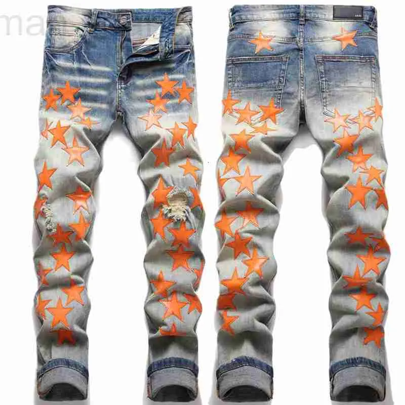 Herr jeans designer high street new trasig orange stjärna lapp fashionabla slim fötter stjärna stretchy jeans manlig mode sb4h
