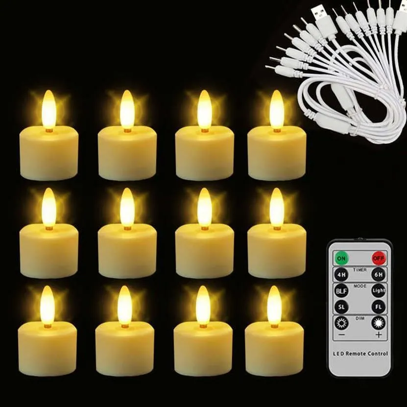 Nouveau 12 bougies chauffe-plat rechargeables avec minuterie à distance 3D sans flamme scintillement Halloween bougies LED décoration pour Noël et mariage H0255S