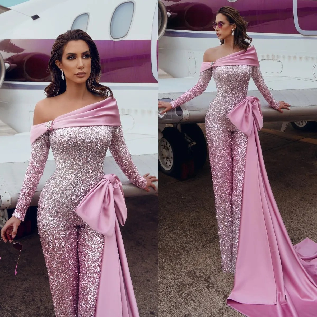 Elegante roze jumpsuits avondjurk off-shoulder pailletten feest prom pantssuit strikknoop sweep trein formele lange jumpsuit voor speciale gelegenheden