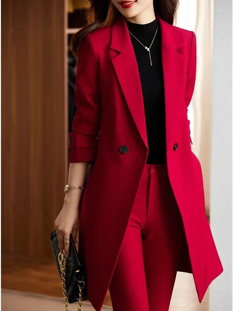 Women's Two Piece Pants Women 2 Blazer Set Red Blue Black Solid Long Formal Female Office Ladies Jacket And Trouser Work Business Wear Pant