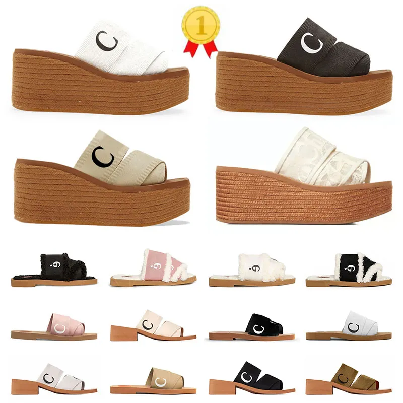 Sandals Famous Designer Women Woody sandals Mules flat slides Light tan beige white black pink Fabric canvas slippers womens summer outdoor shoes